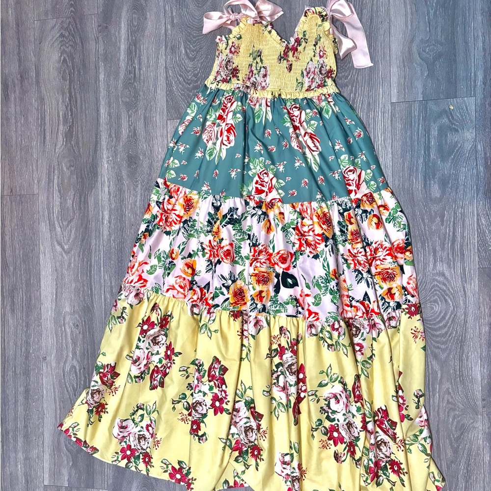 Amazon Floral Maxi Dress - Blue, Yellow, Pink Bow Straps with Elastic Bodice